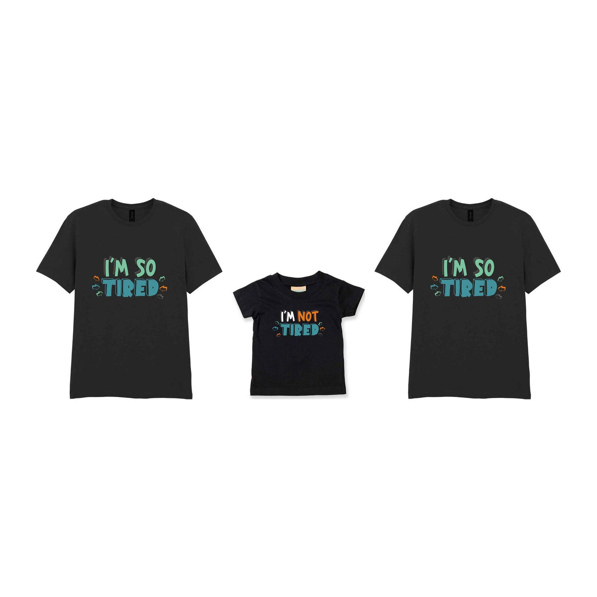 Tired Family T-shirts Matching Set with Adult and Baby Designs in Black