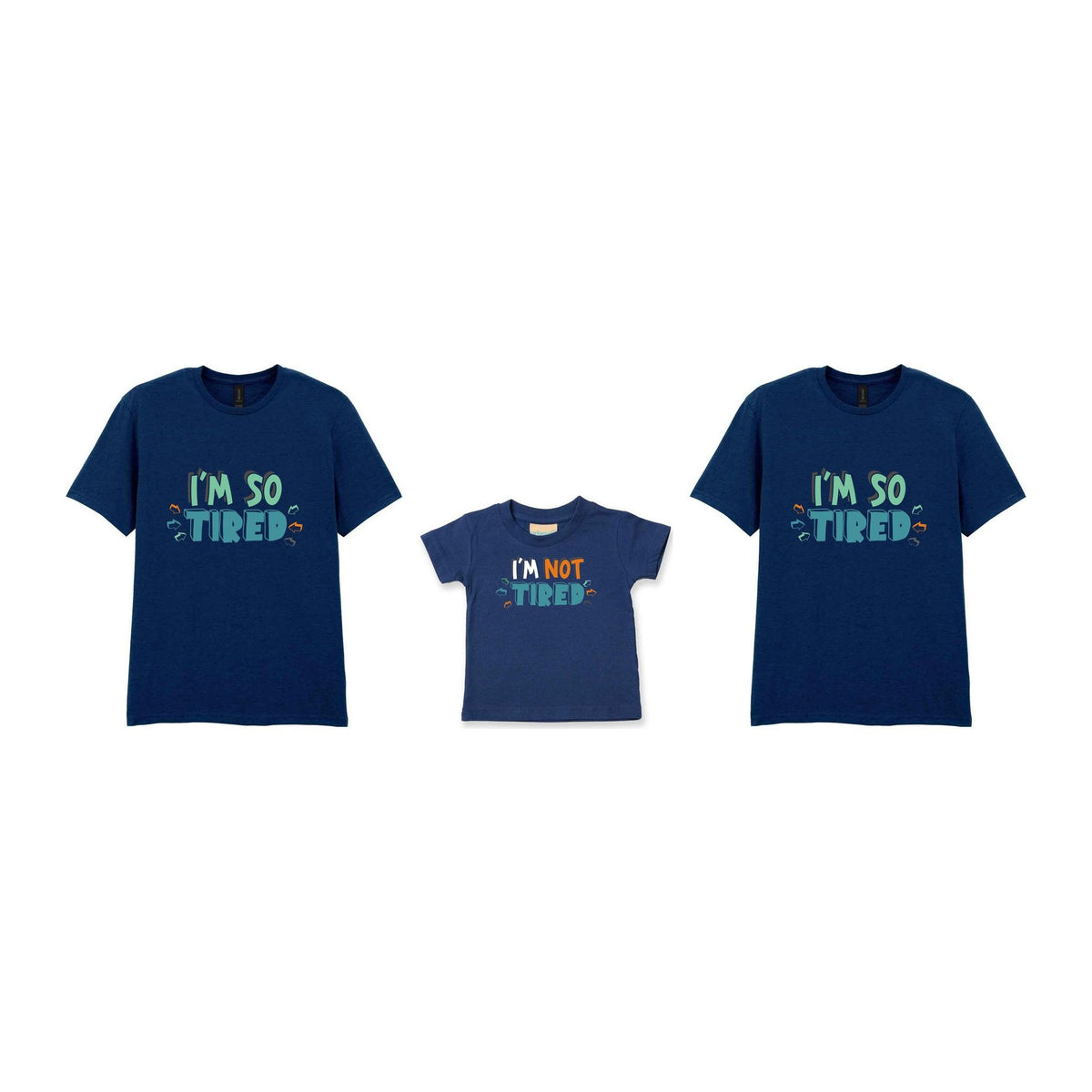 Tired Family T-shirts Matching Set with Adult and Baby Designs in Navy