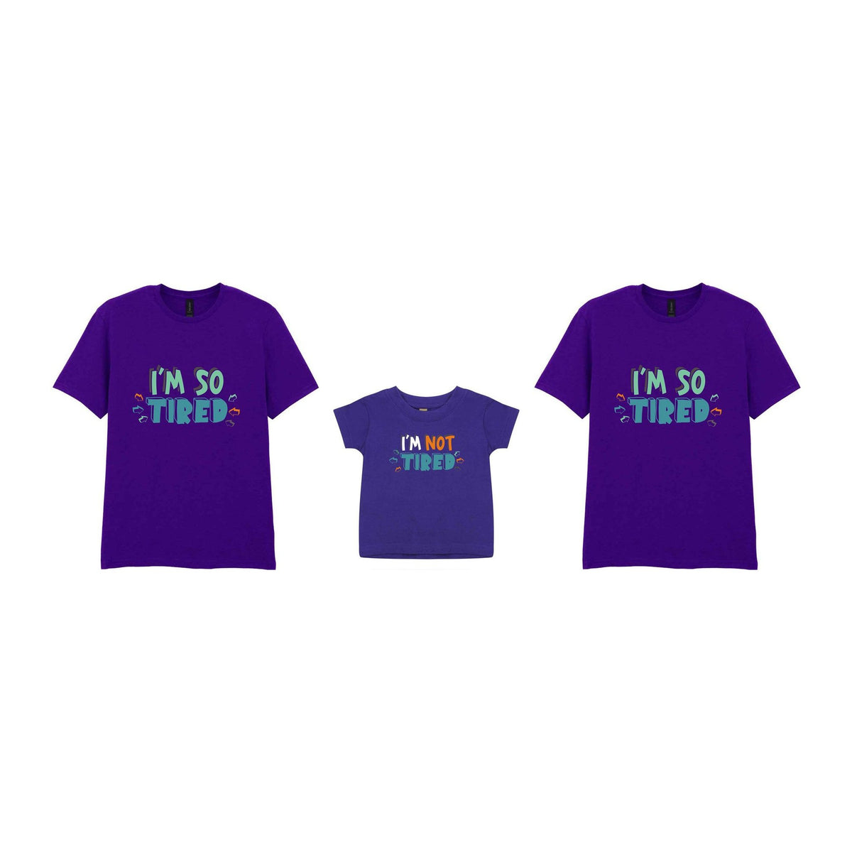 Tired Family T-shirts Matching Set with Adult and Baby Designs in Purple