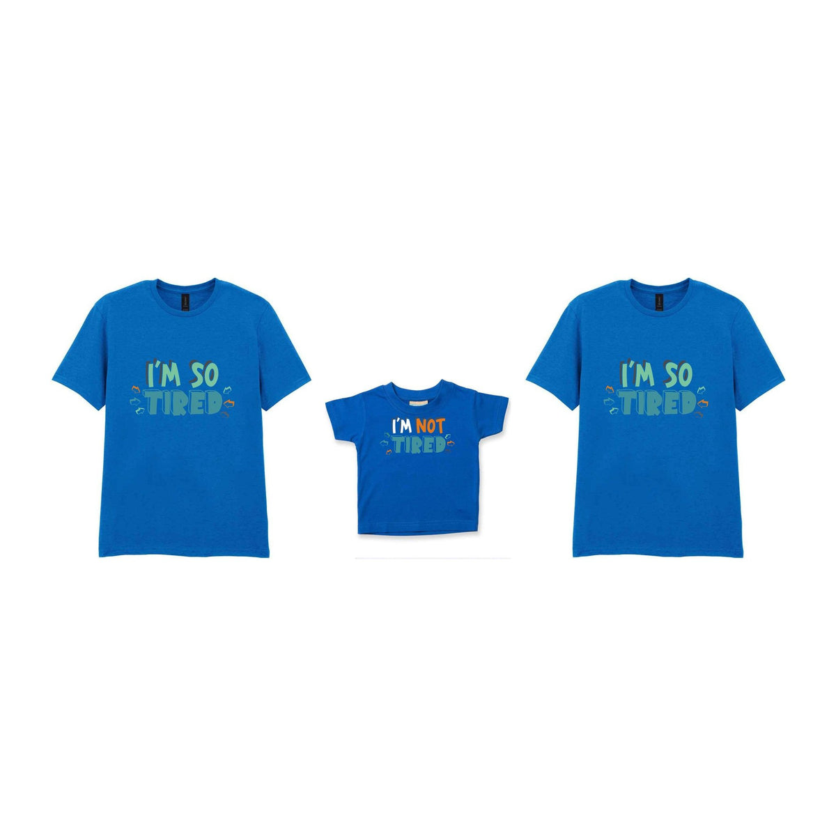 Tired Family T-shirts Matching Set with Adult and Baby Designs in Royal Blue