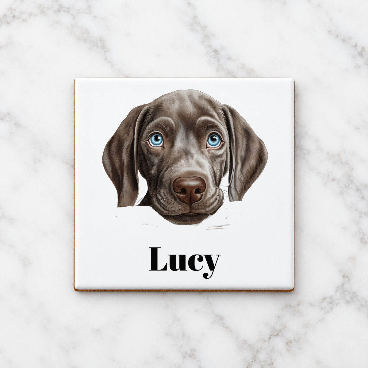 Customisable Weimaraner Puppy Face – Ceramic Coaster, personalised with your own text