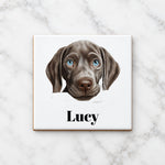 Customisable Weimaraner Puppy Face – Ceramic Coaster, personalised with your own text