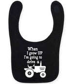 When I Grow UP I'm Going to Drive A larkwood baby/toddler bib in black