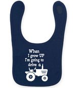 When I Grow UP I'm Going to Drive A larkwood baby/toddler bib in navy
