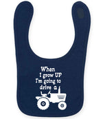 When I Grow UP I'm Going to Drive A larkwood baby/toddler bib in navy