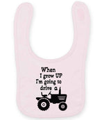 When I Grow UP I'm Going to Drive A larkwood baby/toddler bib in pale pink