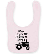 When I Grow UP I'm Going to Drive A larkwood baby/toddler bib in pale pink