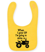 When I Grow UP I'm Going to Drive A larkwood baby/toddler bib in sunflower