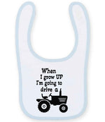 When I Grow UP I'm Going to Drive A larkwood baby/toddler bib in white/pale blue