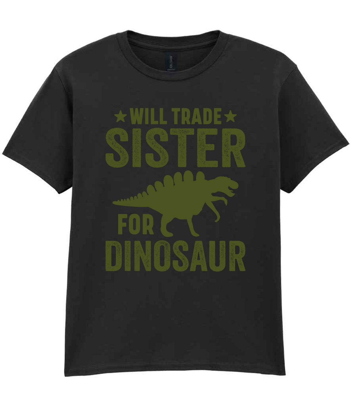 ★ Will Trade ★ Sister for Dinosaur – Kids T-Shirt in Black with Military Green vinyl