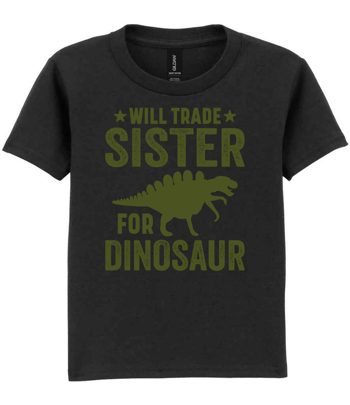 ★ Will Trade ★ Sister for Dinosaur – Kids T-Shirt in Black with Military Green vinyl