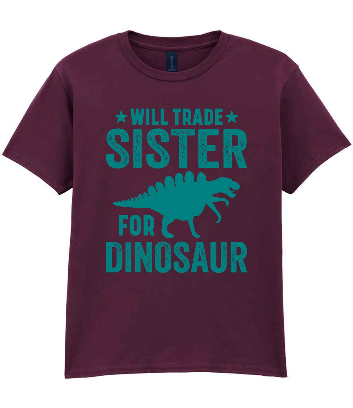 ★ Will Trade ★ Sister for Dinosaur – Kids T-Shirt in Maroon with Teal vinyl