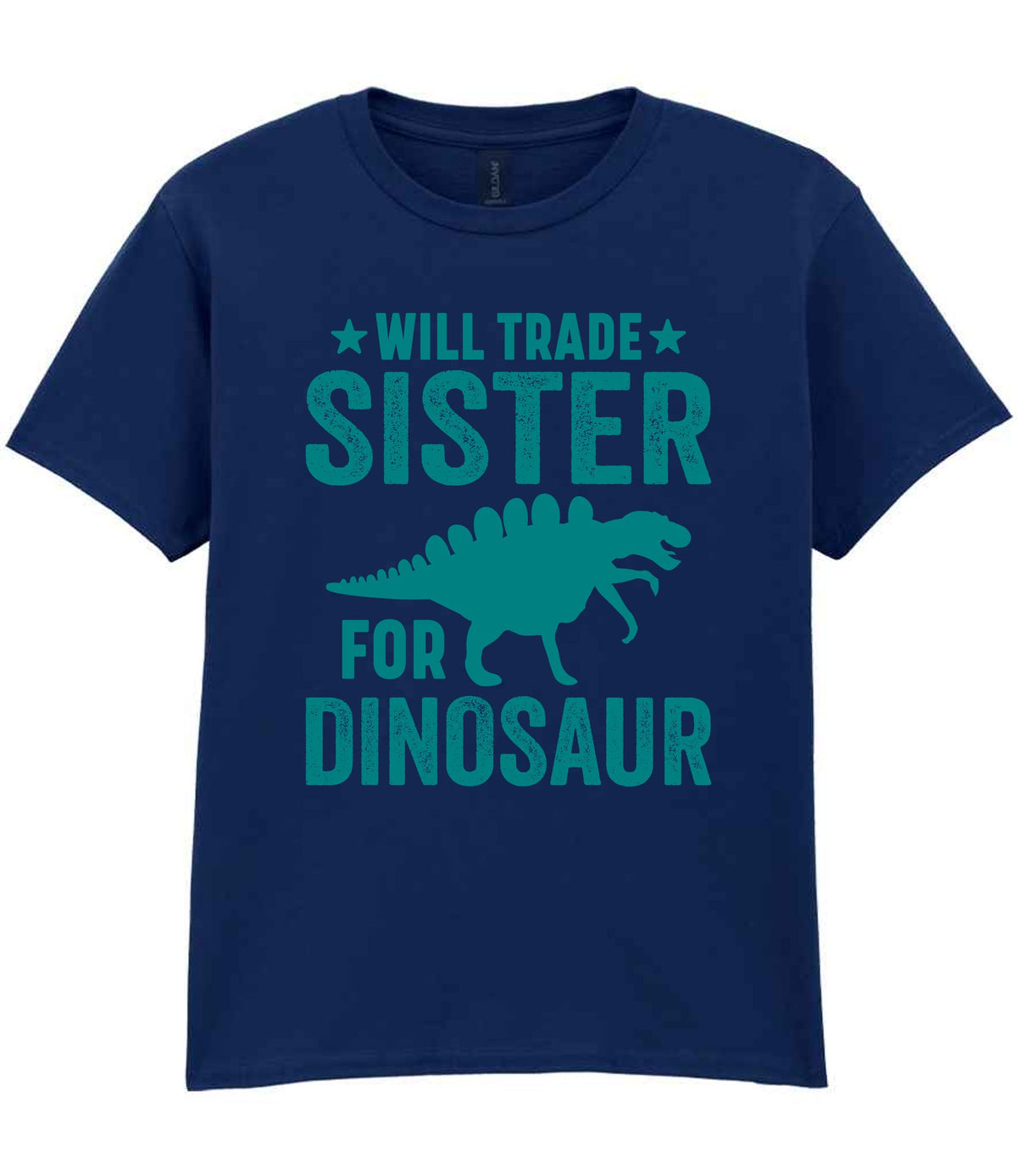 ★ Will Trade ★ Sister for Dinosaur – Kids T-Shirt in Navy with Teal vinyl