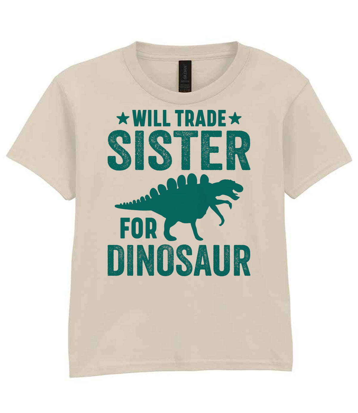 ★ Will Trade ★ Sister for Dinosaur – Kids T-Shirt in Sand with Teal vinyl