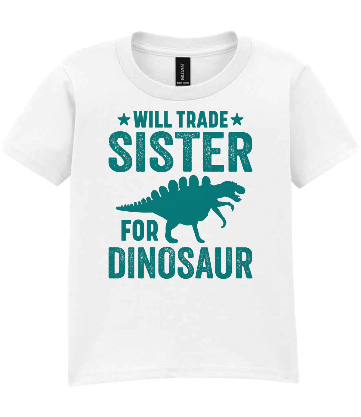 ★ Will Trade ★ Sister for Dinosaur – Kids T-Shirt in White with Teal vinyl