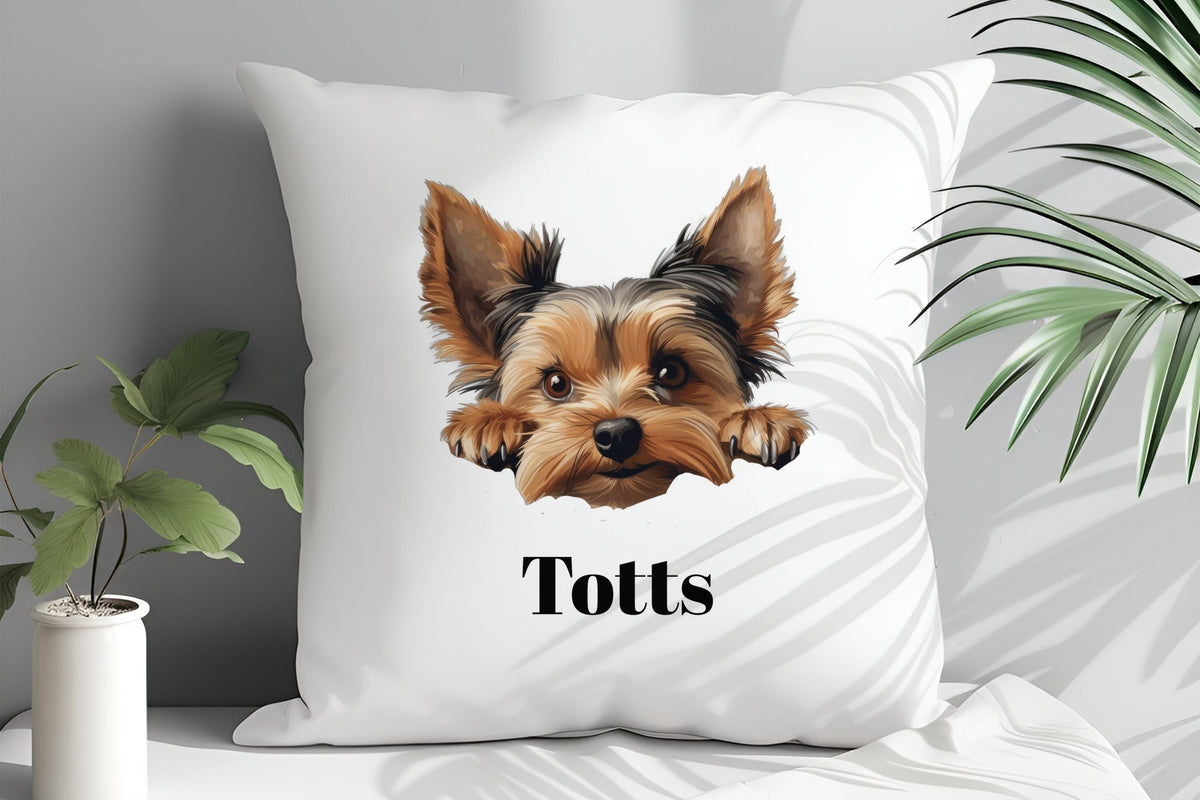Customisable Yorkshire Terrier Face – Cushion, personalised with your own text