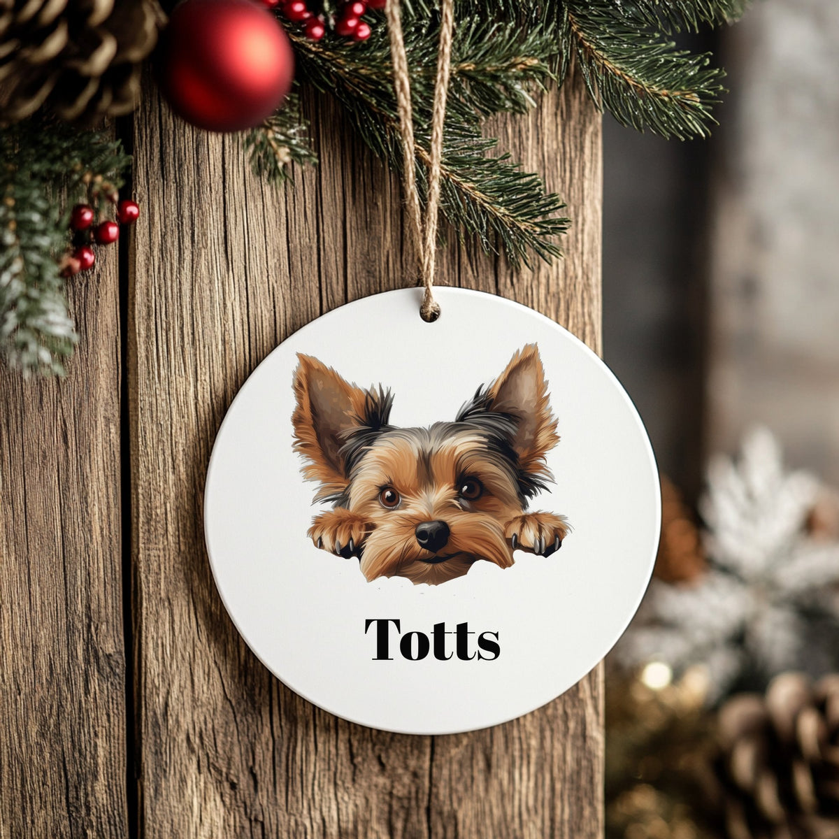 Customisable Yorkshire Terrier Face – Ceramic Hanging Decoration, personalised with your own text