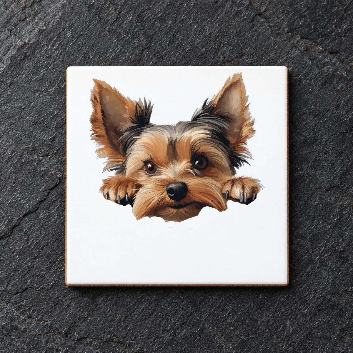 Yorkshire Terrier Face ceramic coaster in white