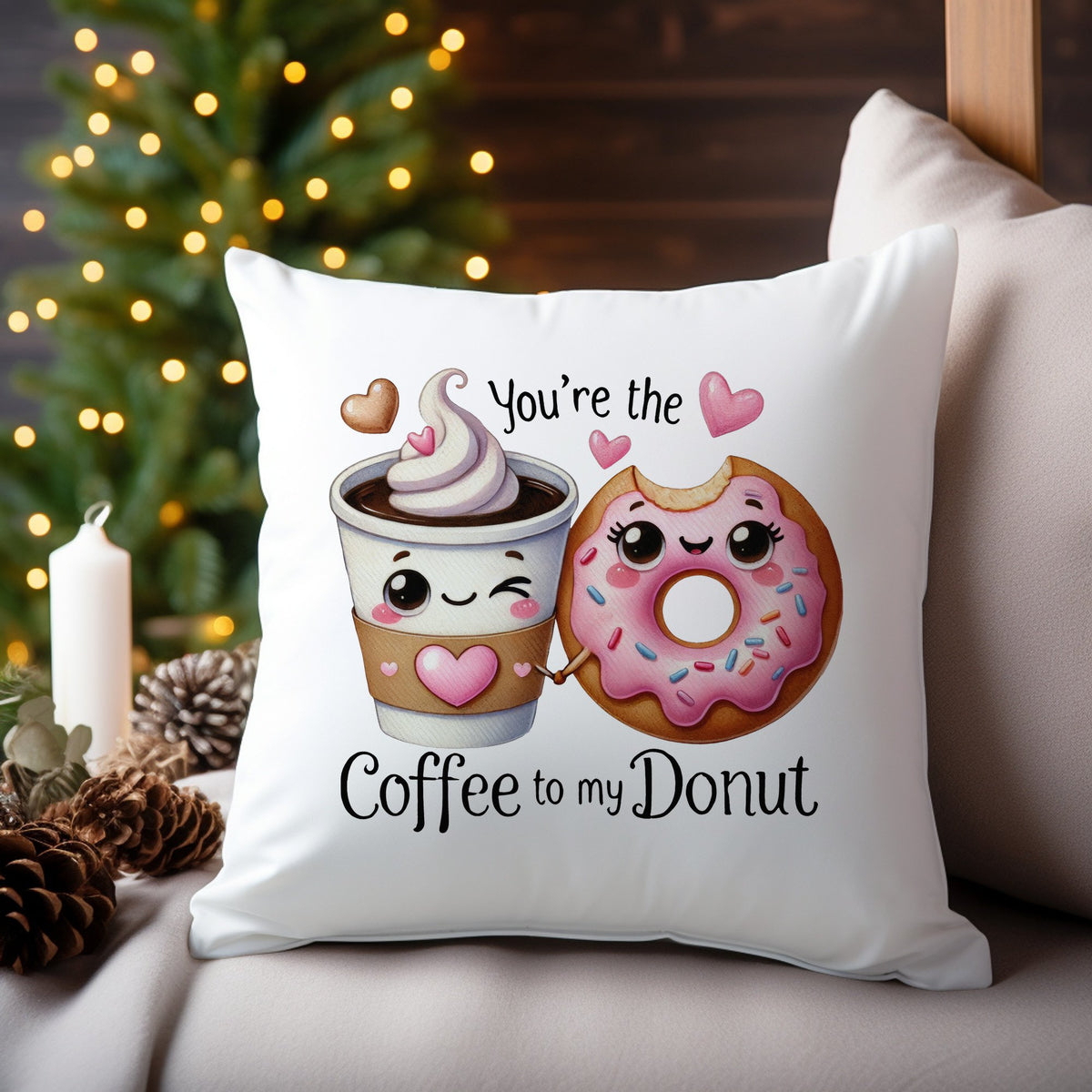 You're the Coffee to My Donut cushion in white